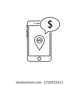 Smartphone con ubicación GPS y burbuja de discurso de signo de dólar
