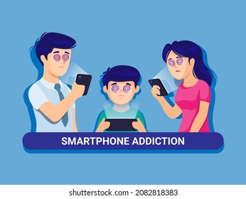 Smartphone gadget addiction on family. parent and children technology side impact illustration vector