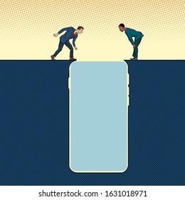 smartphone gadget Internet addiction. People on the edge of a precipice. Pit silhouette. Pop art retro vector illustration 50s 60s style