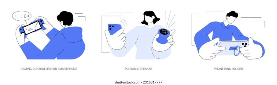 Juego de ilustraciones vectoriales de concepto abstracto de gadgets de Smartphone. Persona con controlador de juegos para teléfono móvil, usando altavoz portátil con conexión inalámbrica, usando metáfora abstracta del portaanillo.