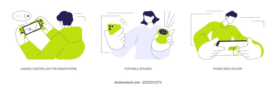 Smartphone gadgets abstract concept vector illustration set. Person holding gaming controller for mobile phone, using portable speaker with wireless connection, wearing ring holder abstract metaphor.