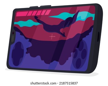 Smartphone as gaming console, showing on its display an action or adventure game, with a flying dragon and neon background.