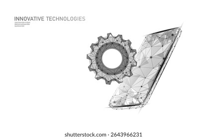 Smartphone gear abstract concept. Polygon device mechanism collaboration technology artwork. Mobile development software engineering networking. Low poly style white background vector