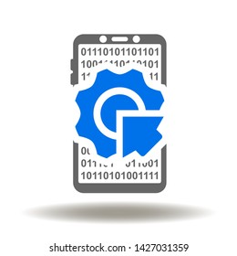 Vector de icono de flecha de engranajes de Smartphone. Integre el logotipo de la aplicación móvil. Integración de la tecnología digital y la ilustración del software. Actualizar signo de teléfono de actualización.