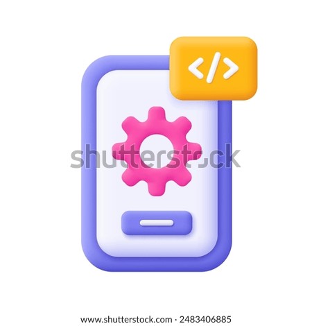 Smartphone with gear and code symbol. Smartphone setting and tools. Development, coding and programming concept. 3d vector icon. Cartoon minimal style.