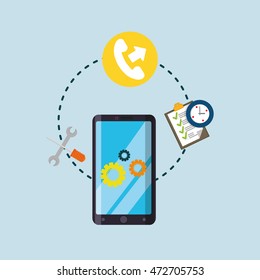smartphone gear customer service technical service call center icon set. Colorful and flat design. Vector illustration