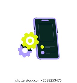 Smartphone Con Icono De Engranaje En Ilustración vectorial Plana Que Simboliza Configuraciones, Tecnología Móvil Y Personalización, Aislado Sobre Fondo Blanco.