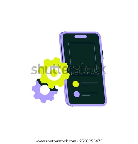 Smartphone With Gear Icon In Flat Vector Illustration Symbolizing Settings, Mobile Technology, And Customization, Isolated On White Background.