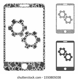 Smartphone gear options composition of uneven pieces in different sizes and color tinges, based on smartphone gear options icon. Vector rugged items are organized into collage.