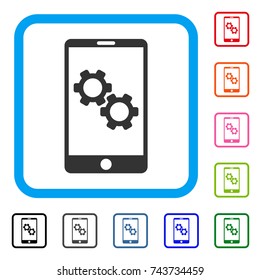 Smartphone Gear Options icon. Flat gray pictogram symbol inside a blue rounded rectangle. Black, gray, green, blue, red, orange color variants of Smartphone Gear Options vector.