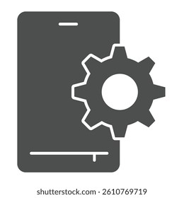 Smartphone and gear solid icon, repair service concept. Vector graphics. Phone with cogwheel, developer settings sign on white background, glyph style icon for mobile or web design