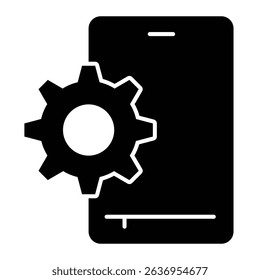 Smartphone and gear solid icon, repair service concept. Vector graphics. Phone with cogwheel, developer settings sign on white background, style mobile or design