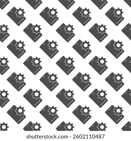 Smartphone and gear solid seamless pattern, repair service theme. Vector graphics. Phone with cogwheel, developer settings sign with background, repeat glyph icon