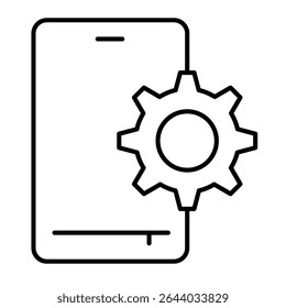 Smartphone and gear thin line icon, repair service concept. Vector graphics. Phone with cogwheel, developer settings sign on white background, style mobile or design