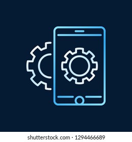 Smartphone with gear vector colored outline icon. Mobile app development concept line symbol on dark background