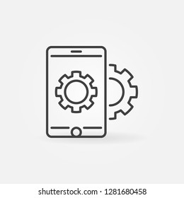 Smartphone with gear vector icon in thin line style. Mobile app development concept sign