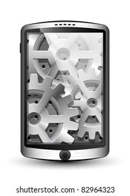 Smartphone with gears background on the big touch screen. Vector illustration