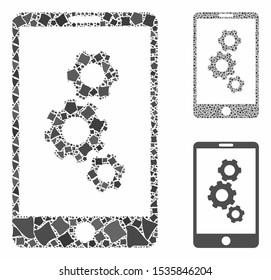 Smartphone gears composition of tremulant items in various sizes and color tinges, based on smartphone gears icon. Vector tremulant items are united into collage.