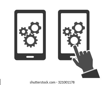 smartphone con engranajes e icono de mano