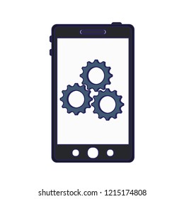 Smartphone with gears on screen blue lines