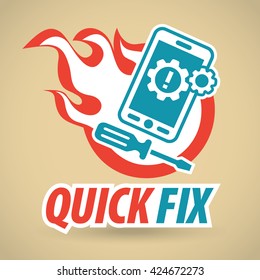 Smartphone, gears, screwdriver, fireball. Mobile phone repair. Vector illustration.
