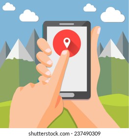 Smartphone geo check-in of mountain landscape - flat design