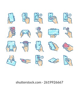 Smartphone Gesture Collection doodle icons set vector. Zooming Swiping, Press Holding Finger On Smartphone Screen, Tapping On Phone Display sketch hand drawn