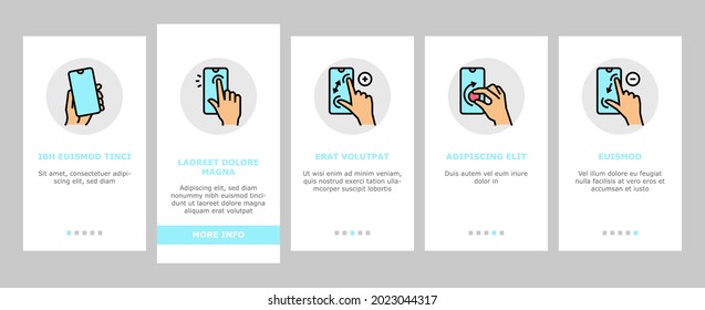 Vector de pantalla de la aplicación móvil de Gesture Smartphone Onboarding Mobile. Zooming Y Swiping, Presione Y Sostenga El Dedo En La Pantalla De Smartphone, Tocando Ilustraciones De Pantalla Telefónica