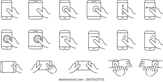 Conjunto de ícones de linha de gestos do smartphone. Ícones de gesto definidos para dispositivos de toque da tela