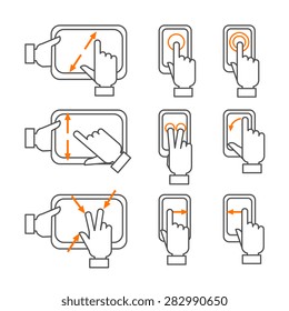 Smartphone gestures with touchscreen orange black outline icons set flat isolated vector illustration 