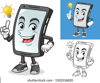 Smartphone Get an Idea Cartoon Character Mascot Illustration, Including Flat and Black and White Designs, Vector Illustration, in Isolated White Background.