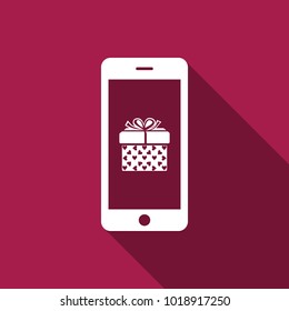 Smartphone with gift box and heart symbol on the screen icon isolated with long shadow. Valentine's day symbol. The online store, e-shopping, gifts phone order. Flat design. Vector Illustration