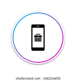 Smartphone with gift box and heart symbol on the screen icon isolated on white background. Valentine's day symbol. The online store, e-shopping. Circle white button. Vector Illustration