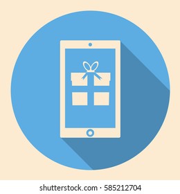 Smartphone with gift box icon flat design with long shadow. Present concept. Vector illustration for website