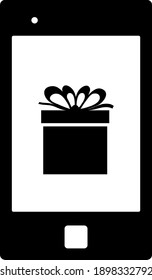 Smartphone With Gift Box On Screen Icon. Black Glyph Design. Vector Illustration.