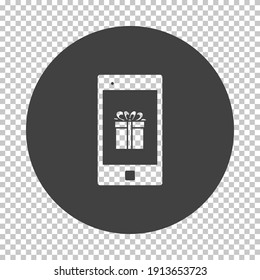 Smartphone With Gift Box On Screen Icon. Subtract Stencil Design on Tranparency Grid. Vector Illustration.