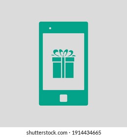 Smartphone With Gift Box On Screen Icon. Green on Gray Background. Vector Illustration.