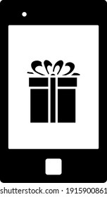 Smartphone Con Caja De Regalo En Icono De Pantalla. Diseño de esténcil negro. Ilustración vectorial.