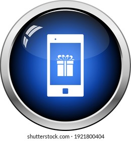 Smartphone With Gift Box On Screen Icon. Glossy Button Design. Vector Illustration.