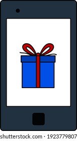 Smartphone With Gift Box On Screen Icon. Editable Outline With Color Fill Design. Vector Illustration.