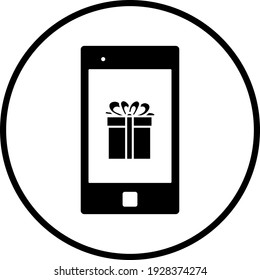 Smartphone Con Caja De Regalo En Icono De Pantalla. Diseño delgado del patrón de círculo. Ilustración vectorial.