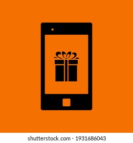 Smartphone With Gift Box On Screen Icon. Black on Orange Background. Vector Illustration.