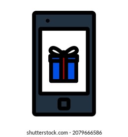 Smartphone With Gift Box On Screen Icon. Editable Bold Outline With Color Fill Design. Vector Illustration.