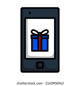 Smartphone With Gift Box On Screen Icon. Editable Bold Outline With Color Fill Design. Vector Illustration.