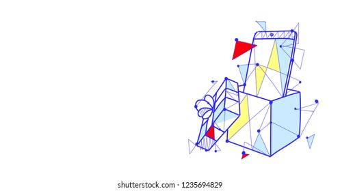 smartphone in gift box present holiday celebration concept sketch doodle horizontal isolated flat