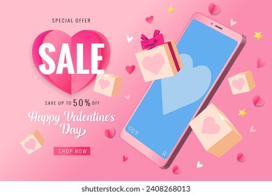 Teléfono inteligente y cajas de regalo para los amantes, banner de venta de descuento para el día de San Valentín. Feliz promoción del Día de San Valentín con fondo vectorial de pantalla de producto