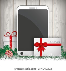 Smartphone with gift, coupon and snow on the wooden background. Eps 10 vector file.