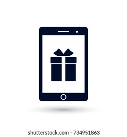 Smartphone with gift on monitor icon. Vector illustration.