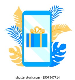 Smartphone with gift on the screen and plants behing flat style design vector illustration. Present concepts symbols.