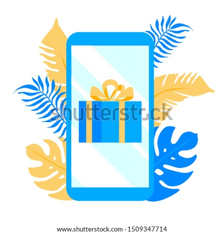 Smartphone with gift on the screen and plants behing flat style design vector illustration. Present concepts symbols.